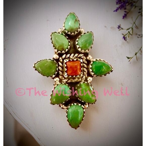 Green Kingman Turquoise &. Coral Cluster Ring Sterling Silver Adjustable 5-10 - Picture 1 of 5